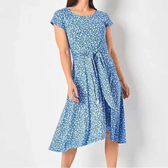 Robbie Bee Short Sleeve Dots Midi Fit + Flare Dress | Blue | Womens Large | Dresses Fit + Flare Dresses